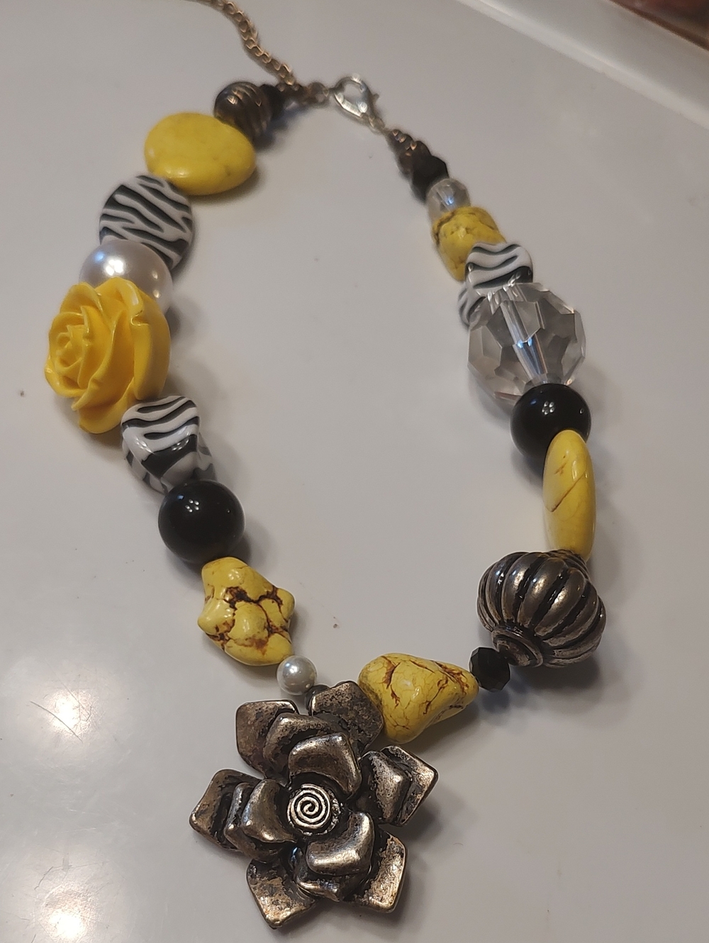Yellow Floral & Zebra Print Statement Necklace with Silver-Tone Floral Pendant
